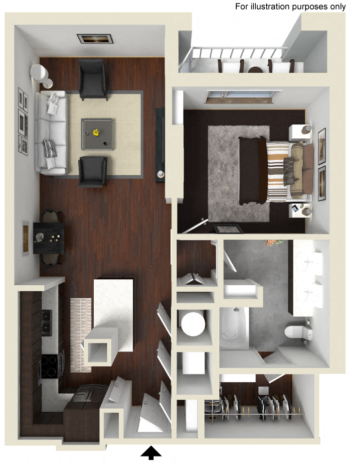 Floor plan for 1 bed, 1 bath, 867 sqft